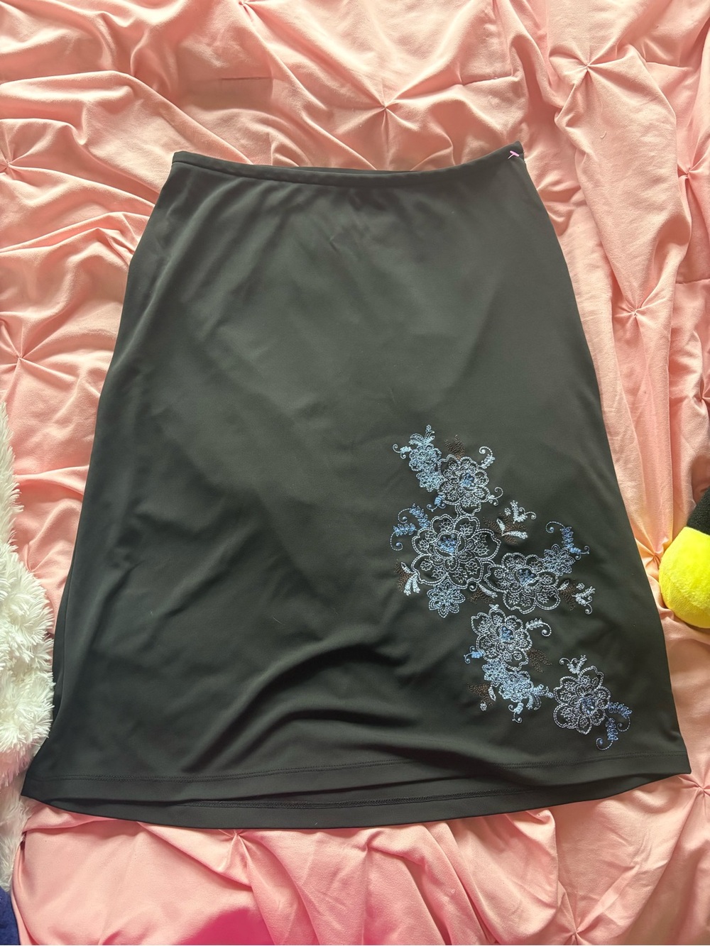 Ann Taylor Black Midi Skirt with Blue Floral Embroidery